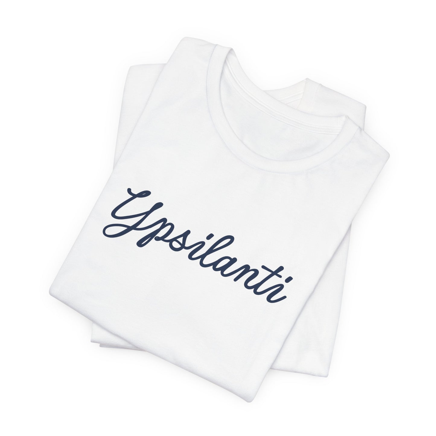 White t-shirt with Ypsilanti in blue script