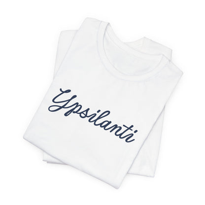 White t-shirt with Ypsilanti in blue script