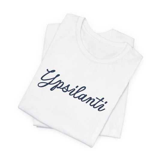 White t-shirt with Ypsilanti in blue script