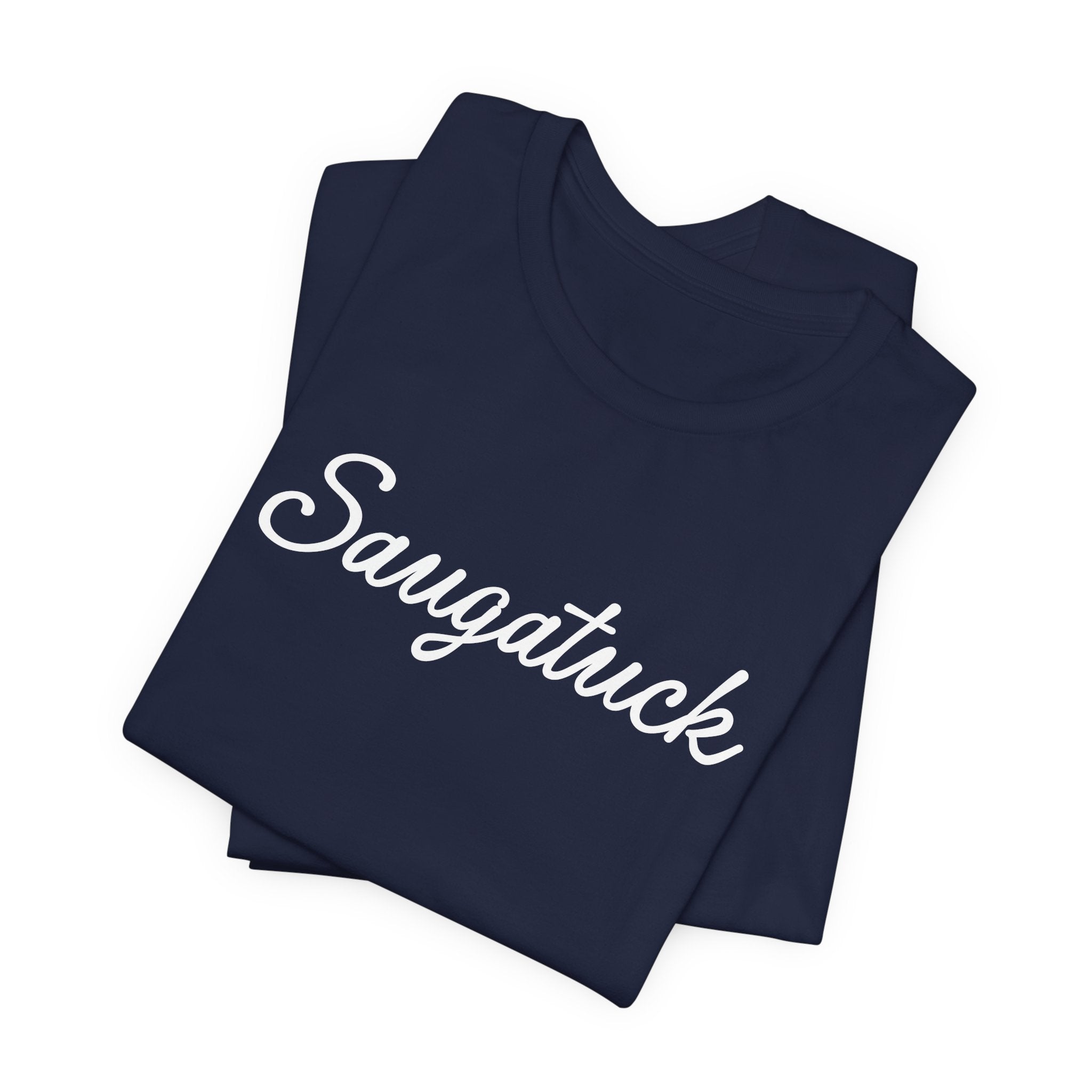 Navy blue t-shirt with 'Savagatuck' text on a white background