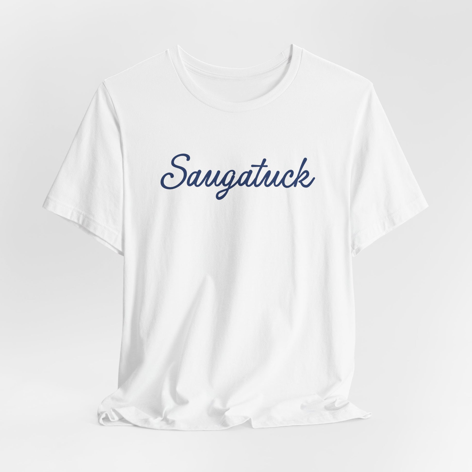 White t-shirt with navy 'Saugatuck' text