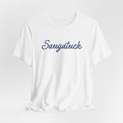 White t-shirt with navy 'Saugatuck' text