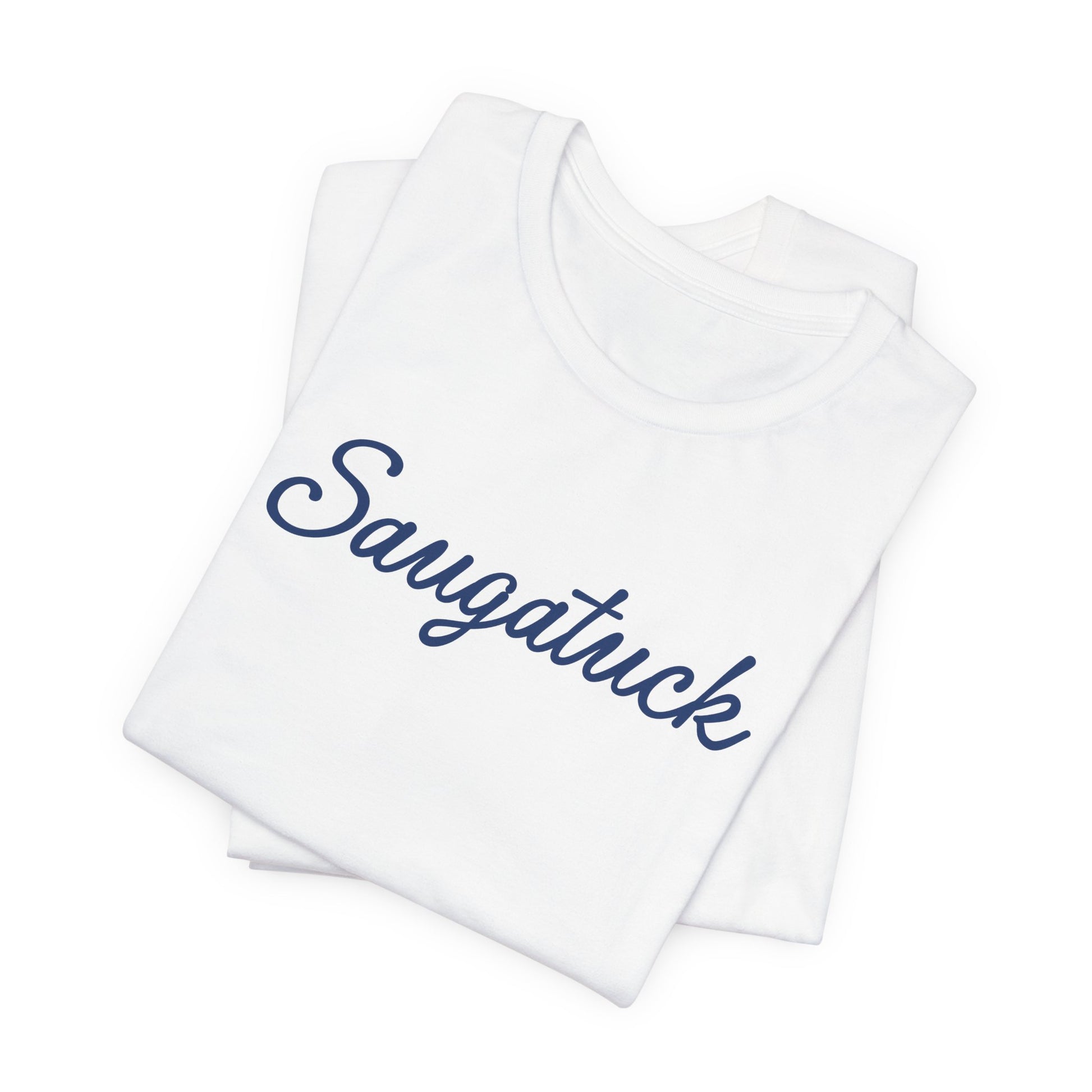 White folded shirt with navy 'Saugatuck' text 
